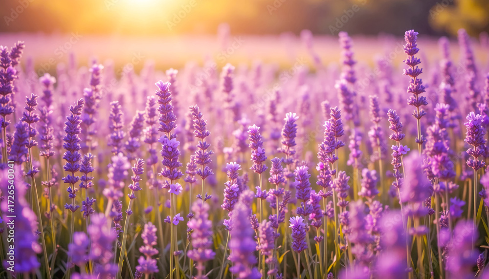 Fototapeta premium Close up of blooming lavender field under a soft hazy sunset glow flowers background