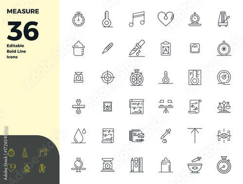Vector pack with 36 Bold Line PIXEL perfect icons inspired by Measure, delivered in 128x128 resolution ideal for scalable and creative design work.