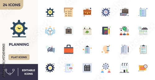Unlock 24 Flat Color PIXEL perfect vector icons inspired by Planning, optimized in 128x128 format for flawless display across all devices.