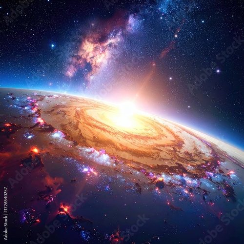 A vibrant, stylized view of Earth from space, showcasing swirling patterns and cosmic light