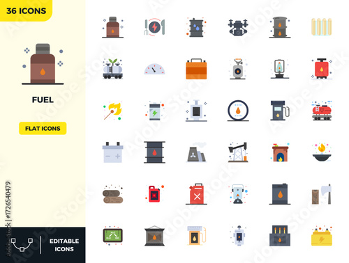 Exceptional collection of 36 Flat Color vector icons for Fuel, delivered in 128x128 PIXEL perfect resolution for unparalleled visual excellence and usability.