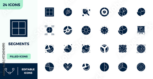 Streamlined set of 24 vector icons for Segments in Filled aesthetic, featuring 128x128 PIXEL perfect resolution for seamless user experiences.