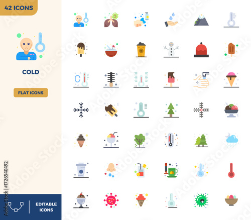 Complete package of 42 vector icons themed around Cold, showcasing Flat Color design in 128x128 PIXEL perfect quality for modern interfaces.