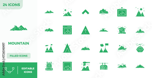 Distinctive pack of 24 PIXEL perfect vector icons inspired by Mountain, crafted in Filled format at 128x128 for memorable brand experiences.