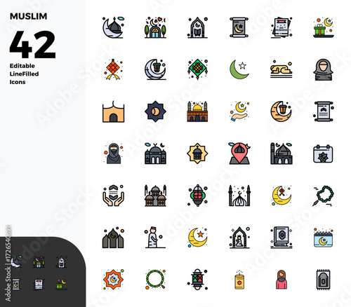 Intelligently designed 42 PIXEL perfect vector icons inspired by Muslim, created in Duotone format at 128x128 for smart and efficient design workflows.