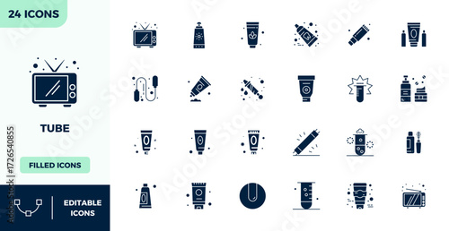 Set of 24 Filled PIXEL perfect vector icons themed around Tube, crafted in 128x128 resolution for seamless integration in apps and websites.