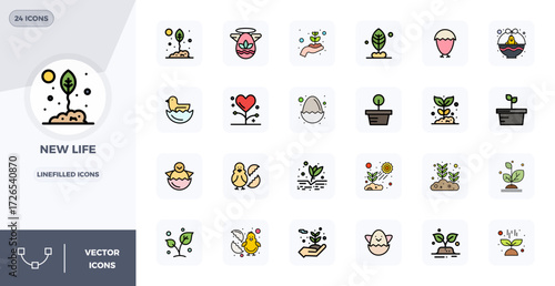 Curated pack of 24 128x128 vector icons in LineFilled design, centered around New Life concepts with PIXEL perfect clarity.