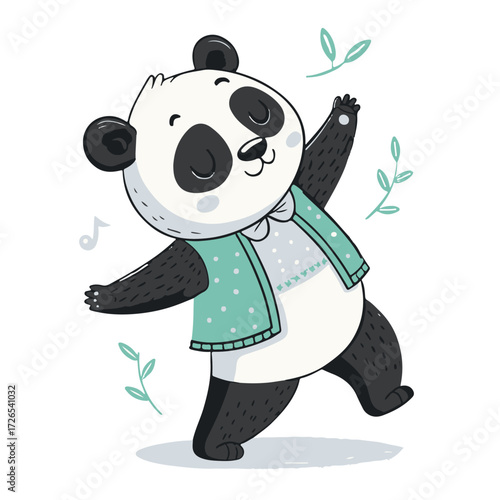 Joyful panda dancing with leaves cute cartoon