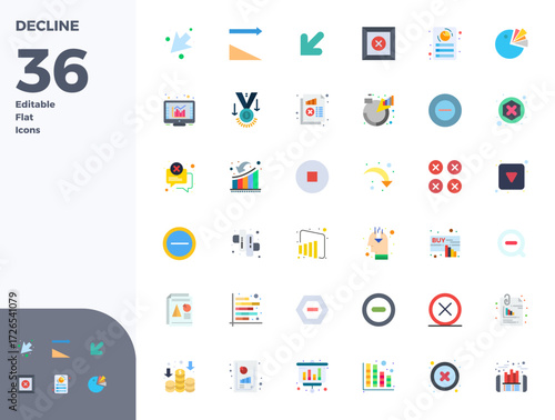 Professional-grade collection of 36 Flat vector icons representing Decline, crafted with 128x128 PIXEL perfect precision for enterprise applications.
