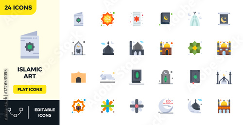 A dynamic set of 24 vector icons in Flat Color, tailored for Islamic Art with 128x128 PIXEL perfect quality suited for digital products.
