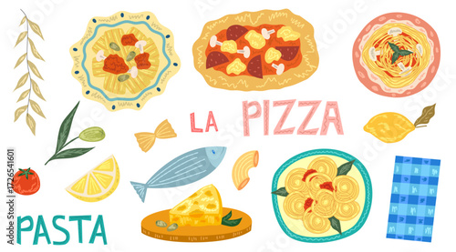Sardine, lemon and tomato summer food. Pizza and pasta Italian food set with crayon texture. 