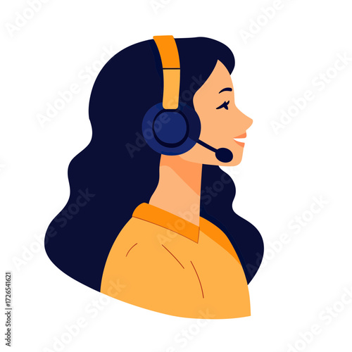 Profile of woman with headset smiling wearing orange shirt in flat minimalist vector style for customer support or call center concept illustration