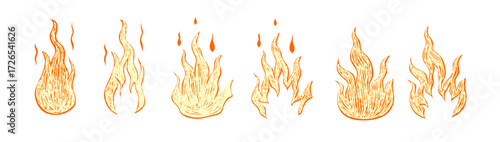 Orange and yellow set fire with crayon texture. Scribble flame with texture. 