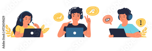 Customer support agents with headsets using laptops and tablets providing online help with communication icons in flat minimalist style vector illustration