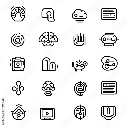 Set of 20 thin line icons related to artificial intelligence, technology, smart devices, data processing, and human brain connectivity in minimalist style