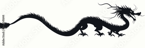 Black silhouette of traditional Chinese dragon with long tail and intricate whiskers in minimalist flat vector style isolated on white background illustration design clipart