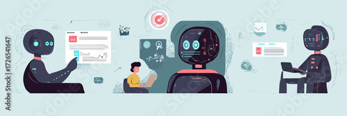 Futuristic black robot interacting with data screens, business woman analyzing charts, neural network technology illustration in flat minimalist vector style