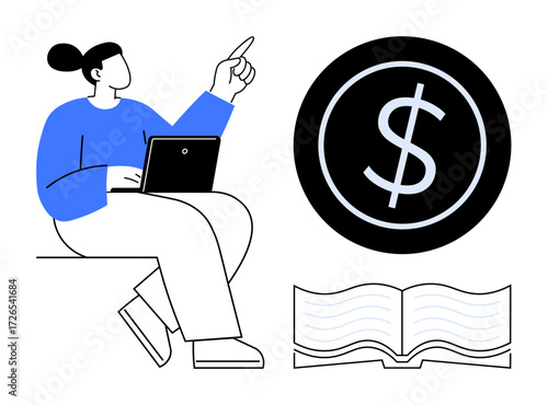 Woman holding laptop, gesturing upwards, dollar icon emphasizing money, and an open book suggesting knowledge. Ideal for finance, education, savings, strategy, career investment simple flat