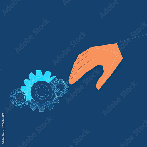 Flat minimalist vector illustration of human hand interacting with blue mechanical gears on dark background symbolizing teamwork connection and engineering concept