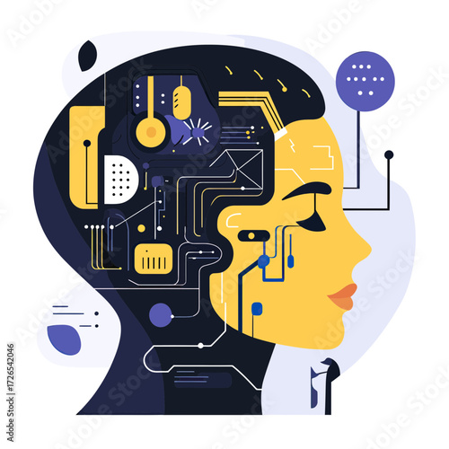 Abstract female cyborg head with electronic circuits and technology inspired wires in flat minimalist vector style representing artificial intelligence and human machine integration