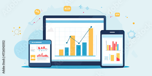 Flat colorful business analytics graphs and charts displayed on multiple mobile devices including tablet and smartphone for financial investment planning and data visualization concept