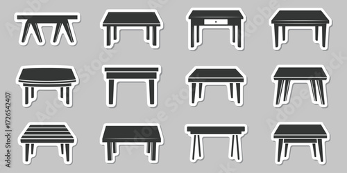 Table furniture stickers icons set collection in flat style. Wooden table vector illustration on isolated background. Dinner desk sign business concept.