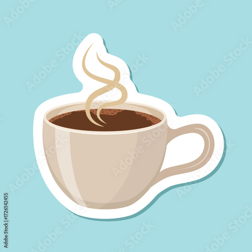 Coffee or tea cup sticker icon in flat style. Hot drink vector illustration on isolated background. Mug sign business concept.