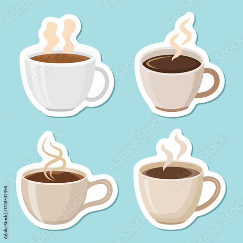 Coffee or tea cup stickers icons set in flat style. Hot drink vector illustration on isolated background. Mug sign business concept.