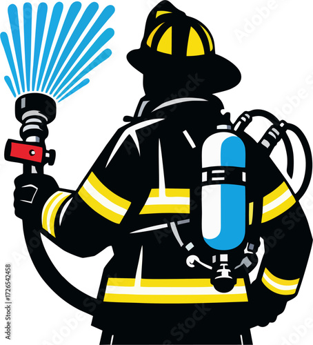 Firefighter Silhouette with Hose and Oxygen Tank – Spraying Water Vector