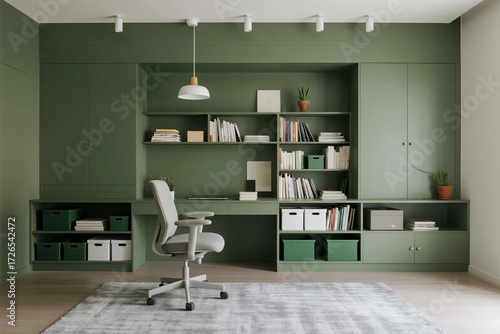 Modern home office with green built-in shelves, desk, and ergonomic chair