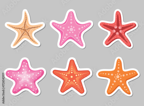 Starfish stickers icons set collection in flat style. Sea stars vector illustration on isolated background. Sea animal sign business concept.