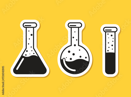 Science lab bottle stickers icon set collection in flat style. Laboratory glassware equipment vector illustration on isolated background. Test tube sign business concept.