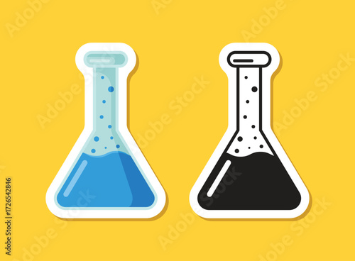 Science lab bottle sticker icon in flat style. Laboratory glassware equipment vector illustration on isolated background. Test tube sign business concept.
