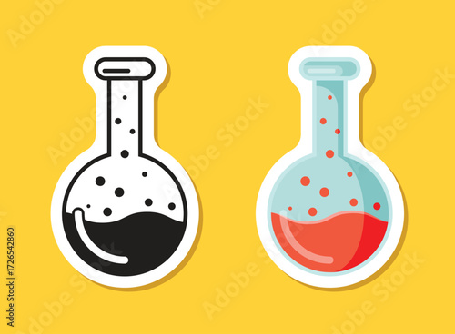 Science lab bottle sticker icon in flat style. Laboratory glassware equipment vector illustration on isolated background. Test tube sign business concept.