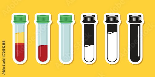 Science lab bottle stickers icon set collection in flat style. Laboratory glassware equipment vector illustration on isolated background. Test tube sign business concept.