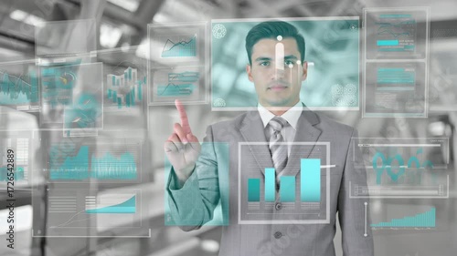 Sophisticated Professional Interacting with Advanced Data Visualizations in a Modern Business Setting A Vision of Technological Integration  4k video