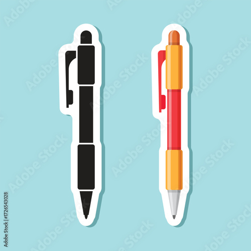 Ballpoint pen sticker icon in flat style. Office tool vector illustration on isolated background. School equipment sign business concept.