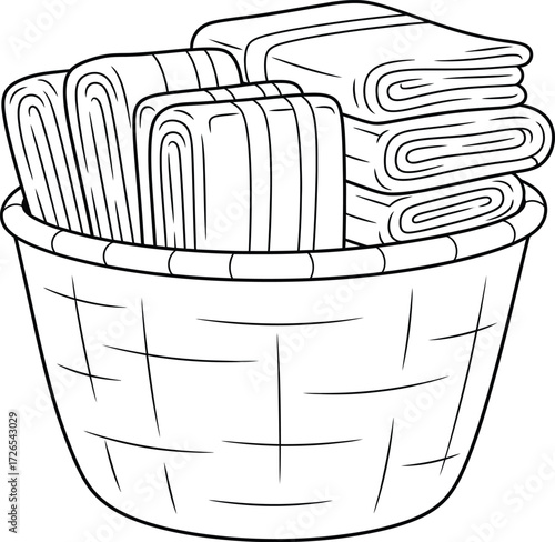 Woven Basket Filled with Neatly Folded and Rolled Towels - Clean Laundry Line Art