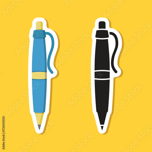Ballpoint pen sticker icon in flat style. Office tool vector illustration on isolated background. School equipment sign business concept.