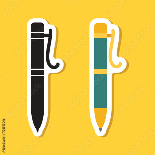 Ballpoint pen sticker icon in flat style. Office tool vector illustration on isolated background. School equipment sign business concept.