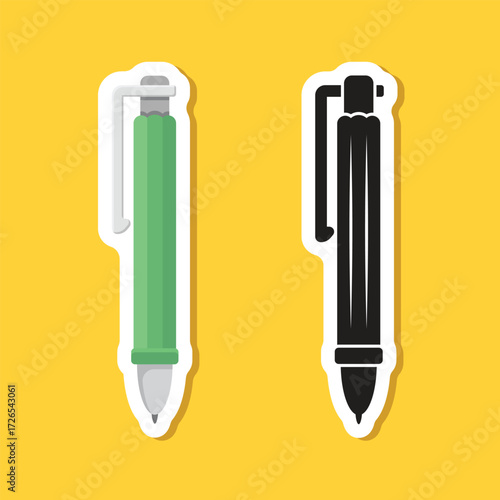 Ballpoint pen sticker icon in flat style. Office tool vector illustration on isolated background. School equipment sign business concept.