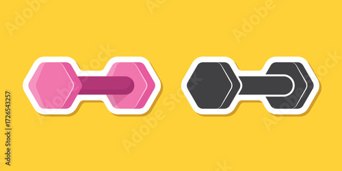 Dumbbell sticker icon in flat style. Workout gym tool vector illustration on isolated background. Barbell fitness equipment sign business concept.