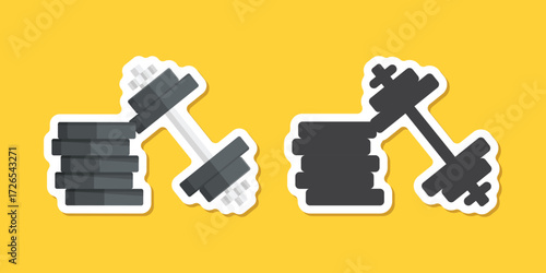 Dumbbell sticker icon in flat style. Workout gym tool vector illustration on isolated background. Barbell fitness equipment sign business concept.