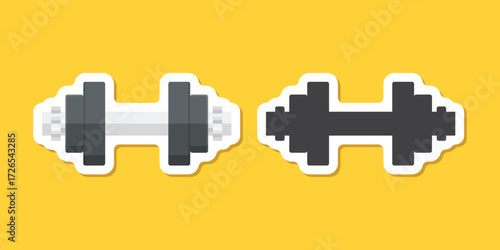 Dumbbell sticker icon in flat style. Workout gym tool vector illustration on isolated background. Barbell fitness equipment sign business concept.