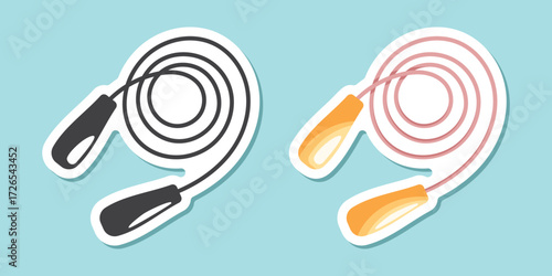 Jumping rope sticker icon in flat style. Gymnastic equipment vector illustration on isolated background. Training instrument sign business concept.