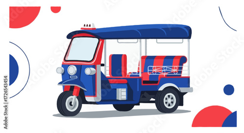 Flat realistic vector of a Thai tuk tuk in deep blue with red and white details, no outline, minimal shading, modern flat style, white background with abstract red and blue circle accents
