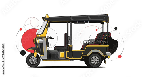 Flat realistic vector illustration of an Egyptian tuk tuk in black and yellow with golden accents, realistic flat vector style, white background with abstract colorful circle shapes