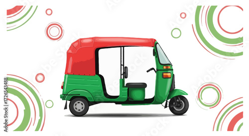 Flat realistic vector of a Bangladeshi tuk tuk in green body with red top, no outline, smooth gradient flat style, white background with abstract red and green circular shapes