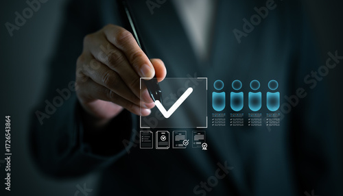 Hand of business professional ticking digital checkbox with document verification and candidate selection. Approval, assessment, evaluation system and HR decision-making.