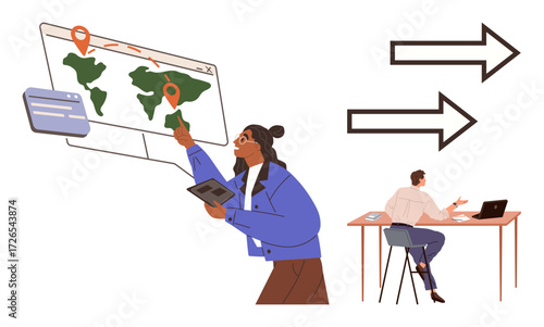 Person analyzes world map on screen with location markers and tablet, illustrating teamwork and remote collaboration. Ideal for business, logistics, teamwork, remote work, global strategy, data